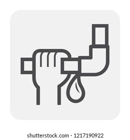 Pipe damage and water leak at connector or fitting part. That is a problem of plumbing system and caused by pressure, frozen or other concussion. Pipe damage repaired by plumber. 64x64 pixel icon.