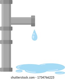 Pipe with a drop of water. Gray pipeline. Tube communication at home. Mechanical technical element of the system. The metal part of the curved shape. Cartoon flat illustration.