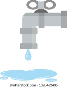 Pipe con una gota de agua. Gris. La comunicación en el metro en casa. Elemento técnico mecánico del sistema. La parte metálica de la forma curva. Dibujo plano de caricatura.