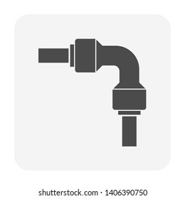 Pipe elbow and push fit vector icon. Also called push-to-pull, push-to-connect, tube or instant fitting. For connection pe pipe. Used in reverse osmosis water filtration and sprinkler spray system.