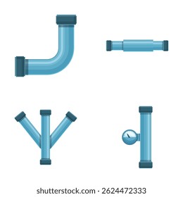 Pipe ícones de elemento definem vetor de desenho animado. Peça de tubulação, válvula e encanamento. Construção e tecnologia industrial