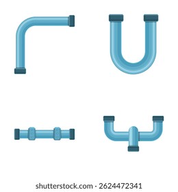 Iconos del elemento de la tubería fijados Vector de dibujos animados. Pieza de tubería, válvula y tubería. Construcción y tecnología industrial