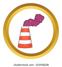 Pipe factory smoke vector icon in golden circle, cartoon style isolated on white background