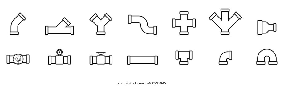 pipe fitting icon bundle, plumber symbol, pipe accecories tee, elbor, knee, reducer, valve, gauge