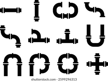 Pipe Fitting Icon Set Plumbing and Pipeline Connections in Black Silhouettes