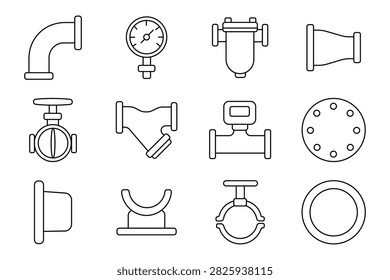 Pipe fitting set icon. Elbow connector, pressure gauge, filtration housing, reducer coupling, valve mechanism, shutoff component, flow meter, flange pattern, terminal cap, support cradle