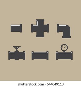 Pipe fittings icons set. Tube industry, construction pipeline, drain system