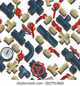 Pipe fittings, taps, bends and fittings. Spare parts for pipelines, sewerage, gas lines and any liquid supply. Isolated on a white background. Illustration Seamlessly Patten Vector