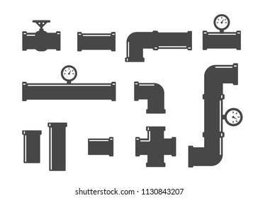 Pipe fittings vector icons set. Tube industry, construction pipeline, drain system. Pipeline water vector