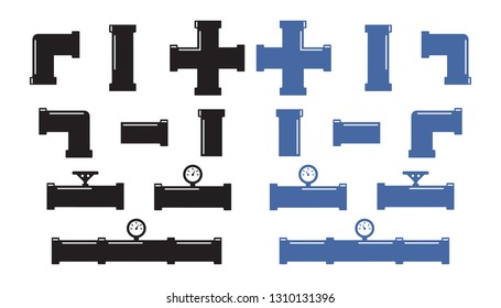 Rohrformstücke, Vektorsymbole. Rohrindustrie, Bauleitung, Abflusssystem. Pipeline-Wasservektor