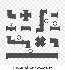 Pipe fittings vector icons set. Tube industry, construction pipeline, drain system