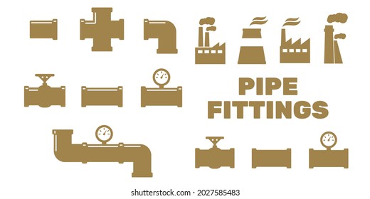 Pipe fittings vector icons set. Tube industry, construction pipeline, drain system