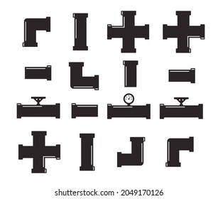 Rohrverbindungsstücke, Vektorsymbole Set. Rohrleitungsindustrie, Bau-Pipeline, Abwassersystem Rohrverbindungsstücke, Vektor