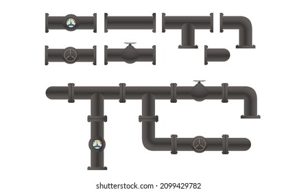 Iconos vectoriales de accesorios de tubería establecidos. Tubo industrial, tubería de construcción, sistema de drenaje. Vector de agua de tubería