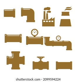 Pipe fittings vector icons set. Tube industry, construction pipeline, drain system