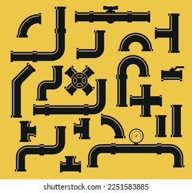 Iconos vectoriales de accesorios de tubería establecidos. Industria de tubos, tubería de construcción, sistema de drenaje, ilustración vectorial. Eps 10