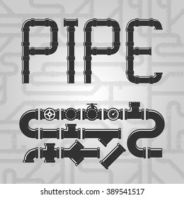 Pipe fittings vector icons set. Tube industry, construction pipeline, drain system, vector illustration.