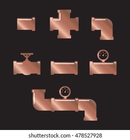 Pipe fittings vector icons set. Tube industry, construction pipeline