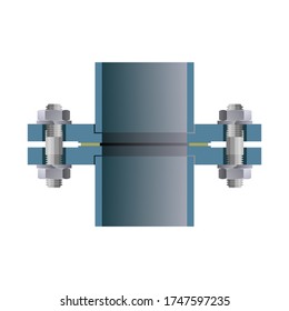 Pipe flange bolt connection. Cross section. Vector illustration isolated on white background in realistic style