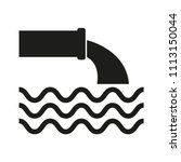 From the pipe flowing liquid into the river, black on white background, vector