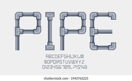 Pipe font cartoon style, metal pipe alphabet isolated on white.