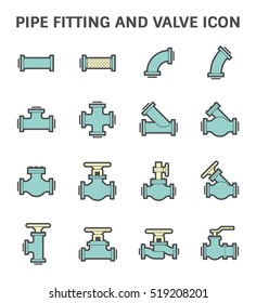 Pipe icon and flange fitting. Include control valve and metal hose or flexible metal. For pipeline construction to transportation liquid or gas i.e. oil, natural gas. Also for plumbing and irrigation.