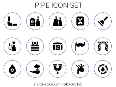 pipe icon set. 15 filled pipe icons.  Simple modern icons about  - Pipeline, Hookah, Factory, Sailor, Captain, Heater, Moustache, Plunger, Rigging, Water, Pipe, Bagpipes