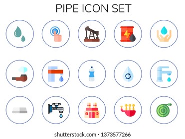 pipe icon set. 15 flat pipe icons.  Simple modern icons about  - water, tap, oil, faucet, factory, bagpipes, hose