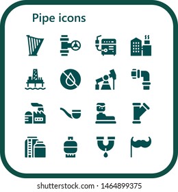 pipe icon set. 16 filled pipe icons.  Collection Of - Harp, Pipe, Welder, Factory, Oil pump, Water, Pump jack, Pipes, Water tank, Tank, Gas, Moustache