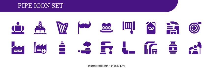pipe icon set. 18 filled pipe icons.  Collection Of - Water tank, Oil pump, Harp, Moustache, Top hat, Hose, Fuel, Nuclear plant, Factory, Water, Pipe, Faucet, Pipeline, Gas, Pump jack