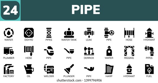 pipe icon set. 24 filled pipe icons.  Collection Of - Water, Dohyo, Pipes, Water tank, Leak, Pipe, Hose, Hydrant, Plumber, Derrick, Rigging, Factory, Oil, Welder, Plunger, Harp