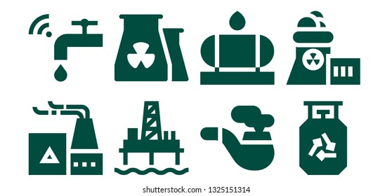 pipe icon set. 8 filled pipe icons.  Collection Of - Factory, Faucet, Oil pump, Nuclear plant, Pipe, Water tank, Gas
