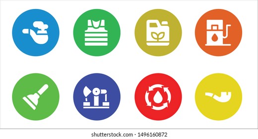 pipe icon set. 8 filled pipe icons.  Collection Of - Pipe, Plunger, Sailor, Derrick, Gasoline, Water, Gas station