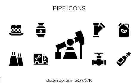 pipe icon set. 9 filled pipe icons. Included Pump jack, Plumber, Gas, Factory, Top hat, Oil, Fuel, Pipe icons