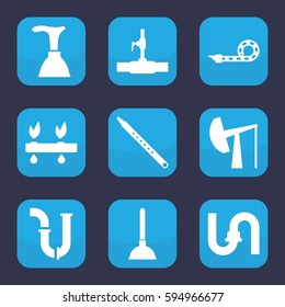 pipe icon. Set of 9 filled pipe icons such as plunger, oil derrick