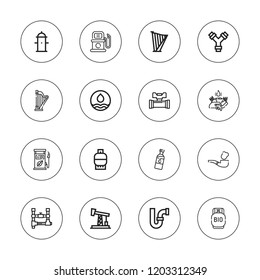 Pipe icon set. collection of 16 outline pipe icons with biogas, fuel, harp, gas station, gas, hydrant, oil pump, pipe icons.