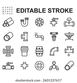 Pipe icons collection. Thin line vectors. Contains icons such as pipe, faucet, valve and more.
