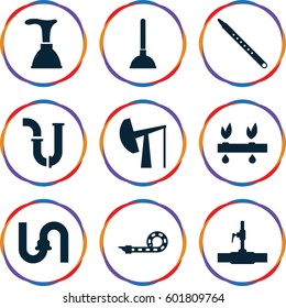 pipe icons set. Set of 9 pipe filled icons such as plunger, oil derrick
