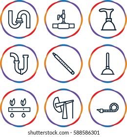 pipe icons set. Set of 9 pipe outline icons such as plunger, oil derrick
