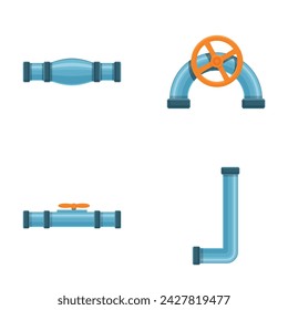 Pipe icons set cartoon vector. Pipeline part, valve and plumbing. Construction and industrial technology