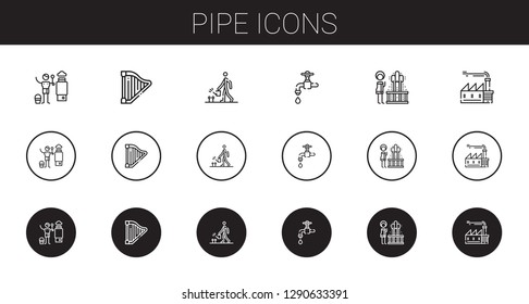 pipe icons set. Collection of pipe with heater, harp, watering, faucet, geyser, factory. Editable and scalable pipe icons.