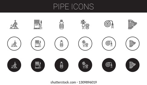 pipe icons set. Collection of pipe with watering, gas station, oils, gas, hose, harp. Editable and scalable pipe icons.