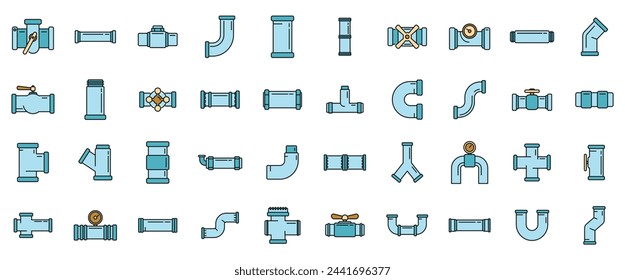 Pipe icons set outline vector. Steel valve. Water gas thin line color flat isolated