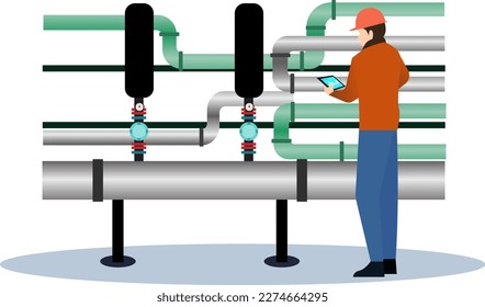 pipe industry worker vector illustration, Oil gas workers, Pipeline repairman flat vector illustration, workers in special clothing and helmet, Petroleum engineers control operation of fuels pipe