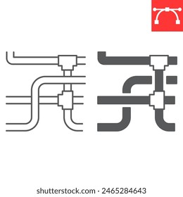 Pipe installation line and glyph icon, plumbing service and construction, pipeline vector icon, vector graphics, editable stroke outline sign, eps 10.