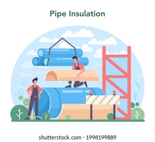 Pipe Insulation Concept. Thermal Or Acoustic Insulation. Worker Putting Insulation Materials. Construction Service, House Renovation. Isolated Flat Vector Illustration