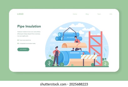 Pipe Insulation Web Banner Or Landing Page. Thermal Or Acoustic Insulation. Worker Putting Insulation Materials. Construction Service, House Renovation. Isolated Flat Vector Illustration