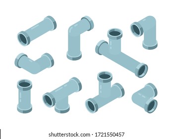 Pipe isometric. Industrial connection oil pipes with red valve vector isolated set