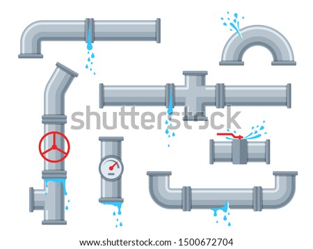 Pipe with leaking water. Broken pipes with leakage, plastic pipeline rupture. Dripping drain faucet, water supply problems vector brokenness piping design set