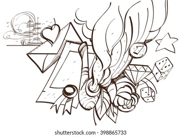 Pipe, a letter with an envelope, rose. Romantic sketch, hand drawing sketch outline.